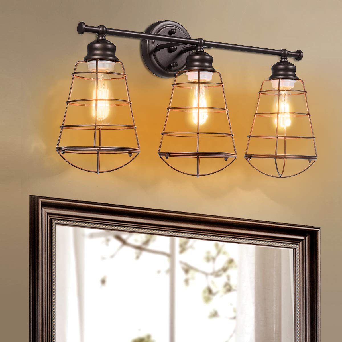 Tangkula 3-Light Vintage Vanity Lights, Industrial Metal Wire Cage Wall Sconces(Black & Golden)