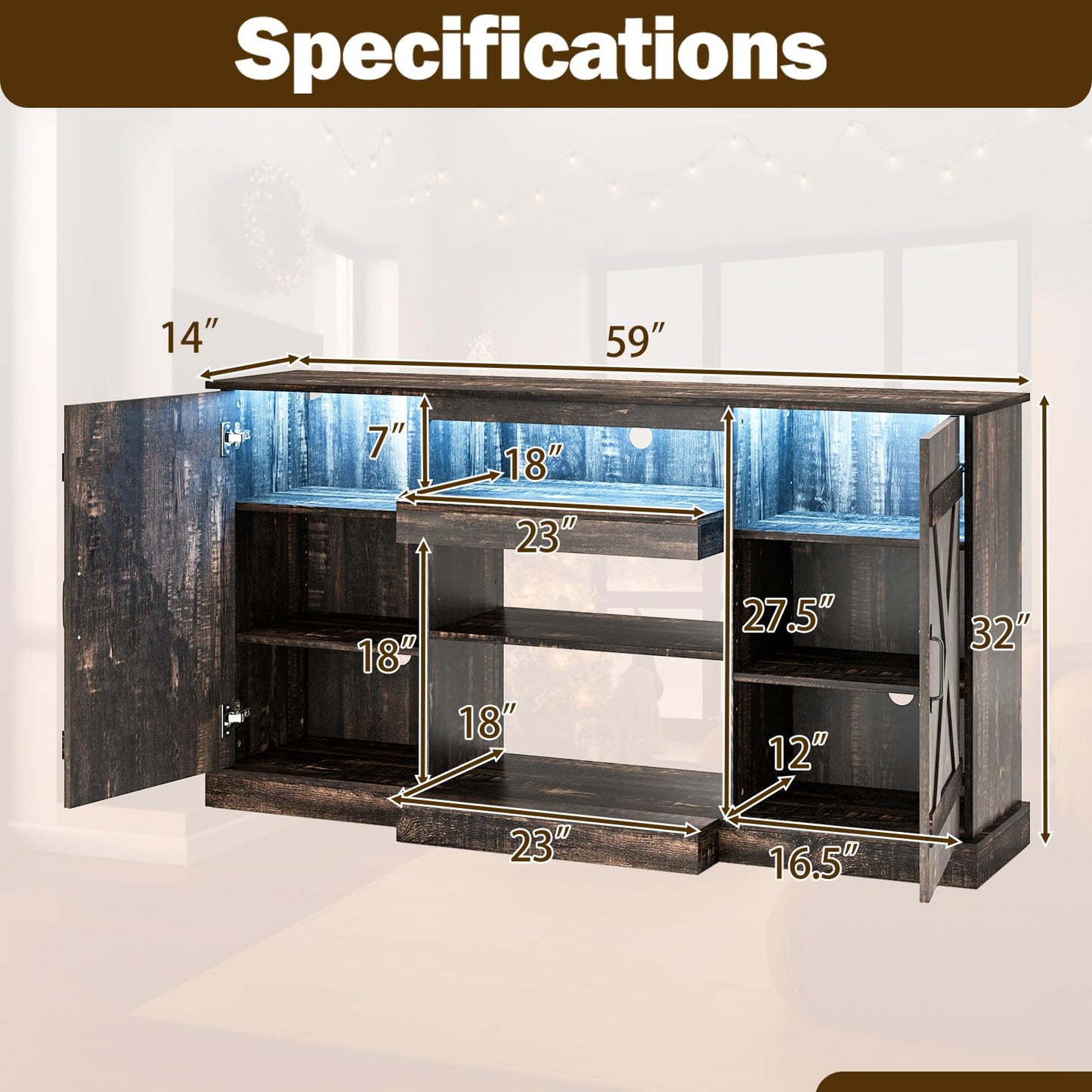 Tangkula 58”L Farmhouse LED TV Stand for TV up to 65 Inch