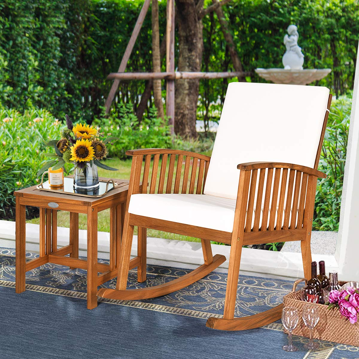 Tangkula Acacia Wood Patio Bistro Set, Outdoor Rocking Chair with Table