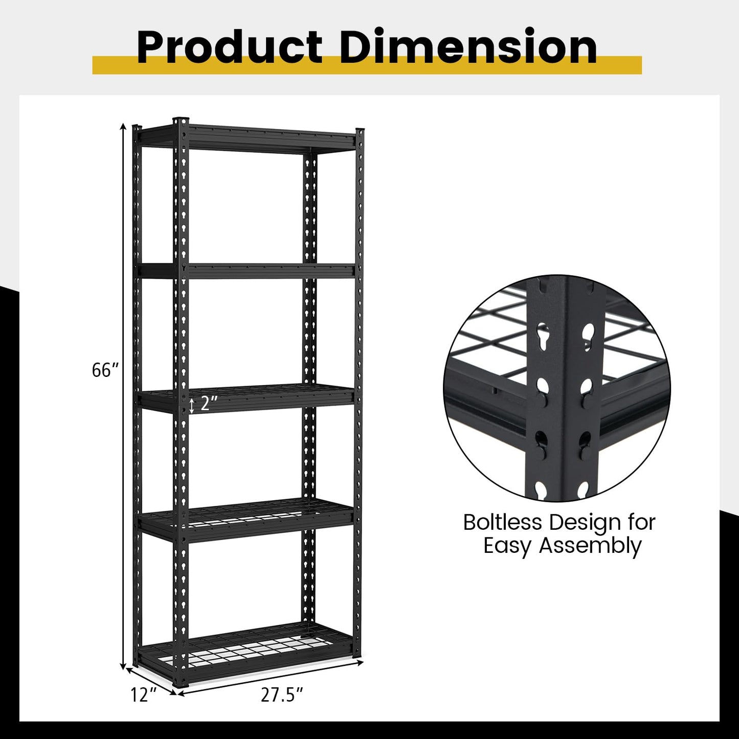 Tangkula 5-Tier Garage Storage Shelves, Heavy Duty Metal Storage Shelving Unit, 27.5" L x 12" W x 66" H