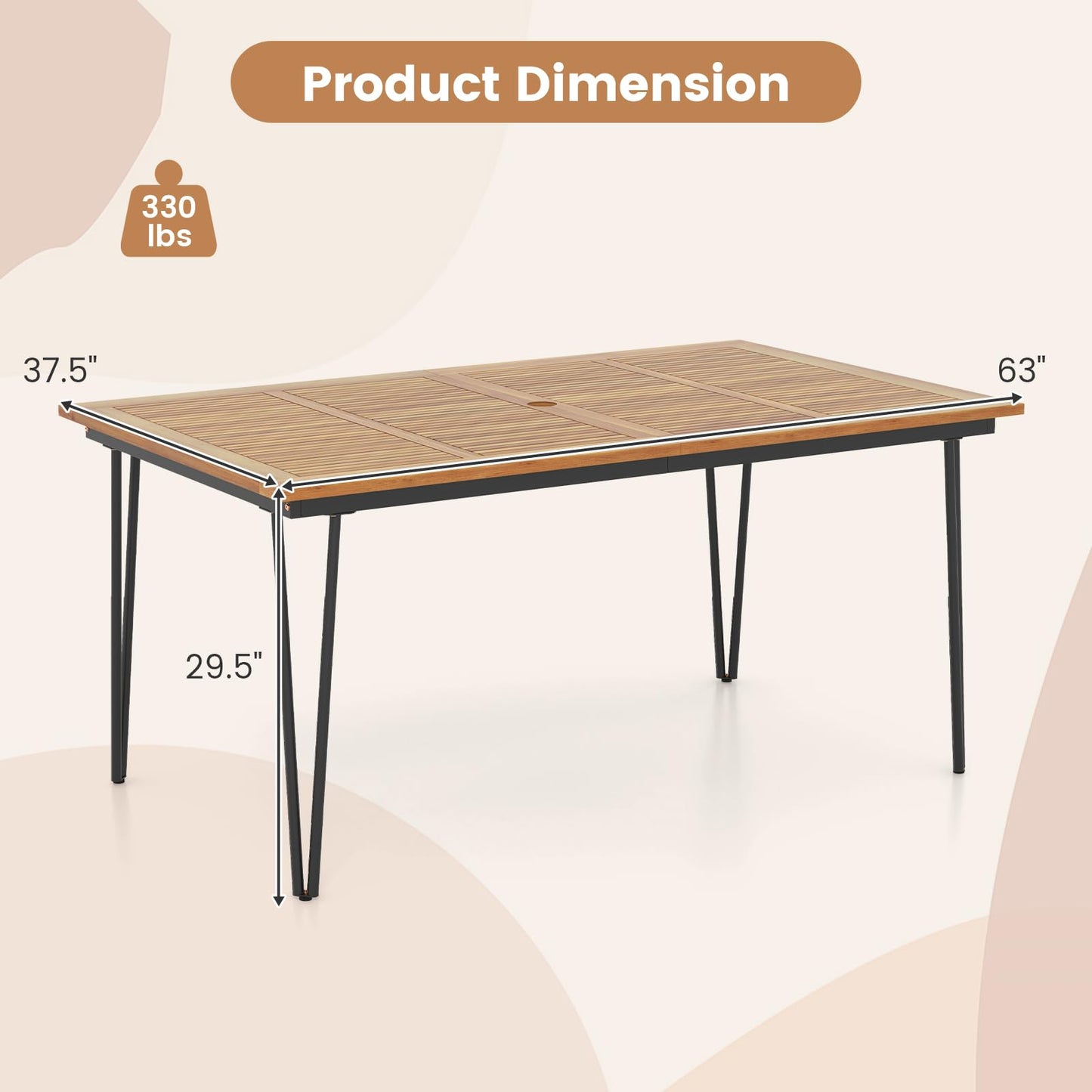 Tangkula 63-Inch Outdoor Dining Table, Patio Dining Table for 6 People w/Acacia Wood Tabletop & Metal Legs