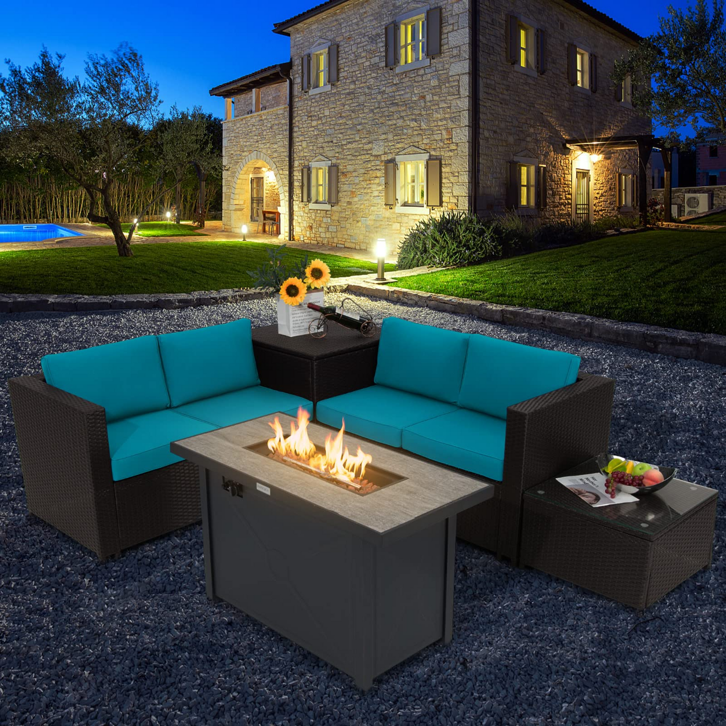 Tangkula 5-Piece Patio Furniture Set with 42 Inches Propane Fire Pit Table, Outdoor Wicker Conversation Set with Cushions