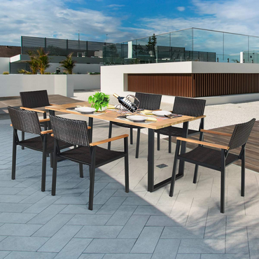 Tangkula Ensemble de salle à manger d'extérieur 7 pièces, mobilier de salle à manger de patio avec grande table rectangulaire en bois d'acacia