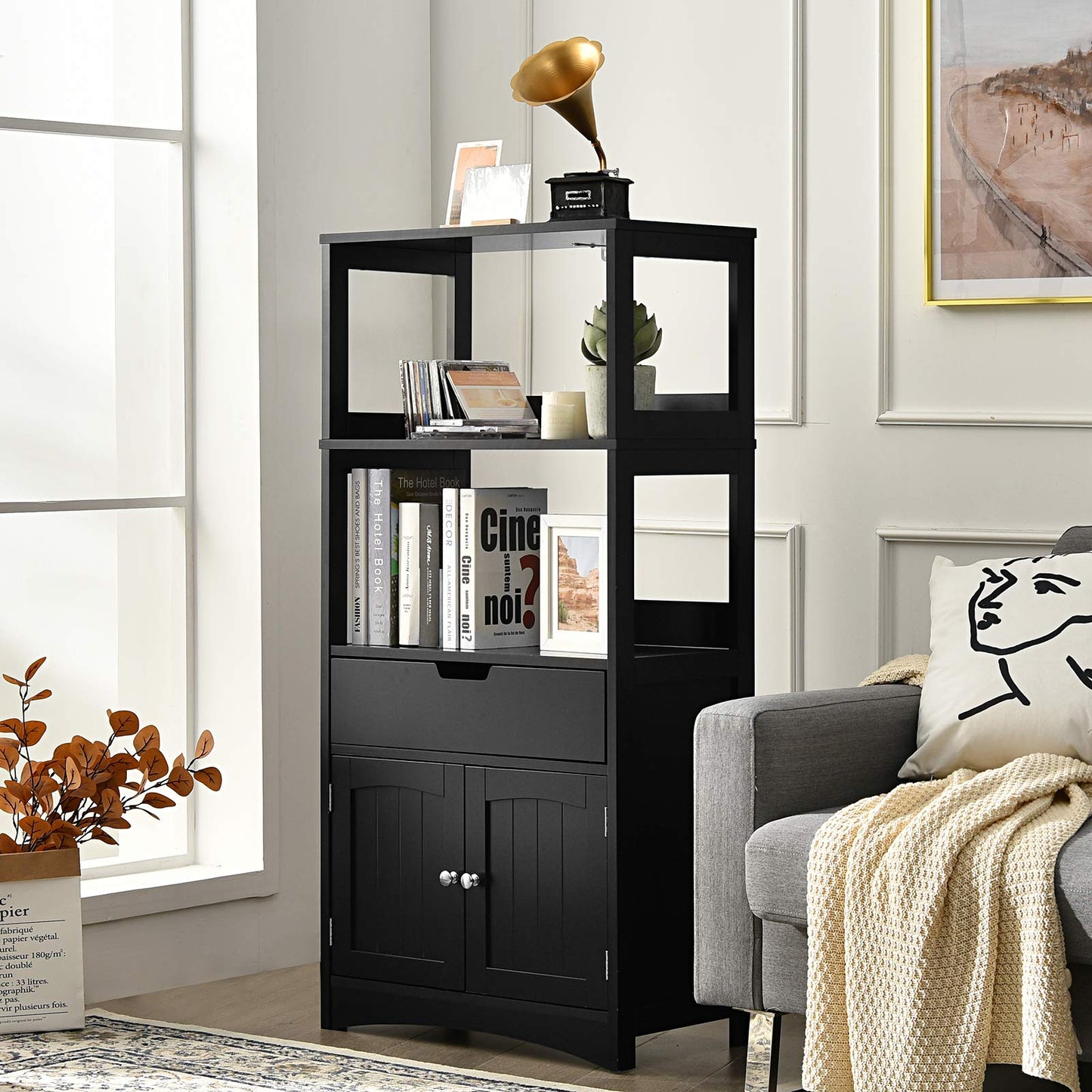 Bathroom Floor Cabinet with Drawer, 2 Open Shelves and Door Cupboard