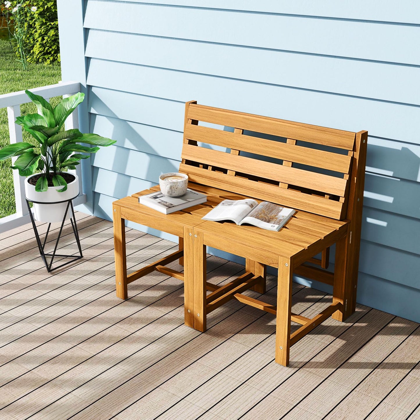 Tangkula 3 in 1 Outdoor Acacia Wood Loveseat Bench Furniture