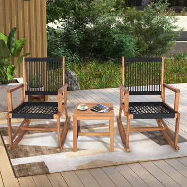 Tangkula 3 Pieces Acacia Wood Rocking Bistro Set, All-Weather Rope Woven Patio Furniture Set with Coffee Table