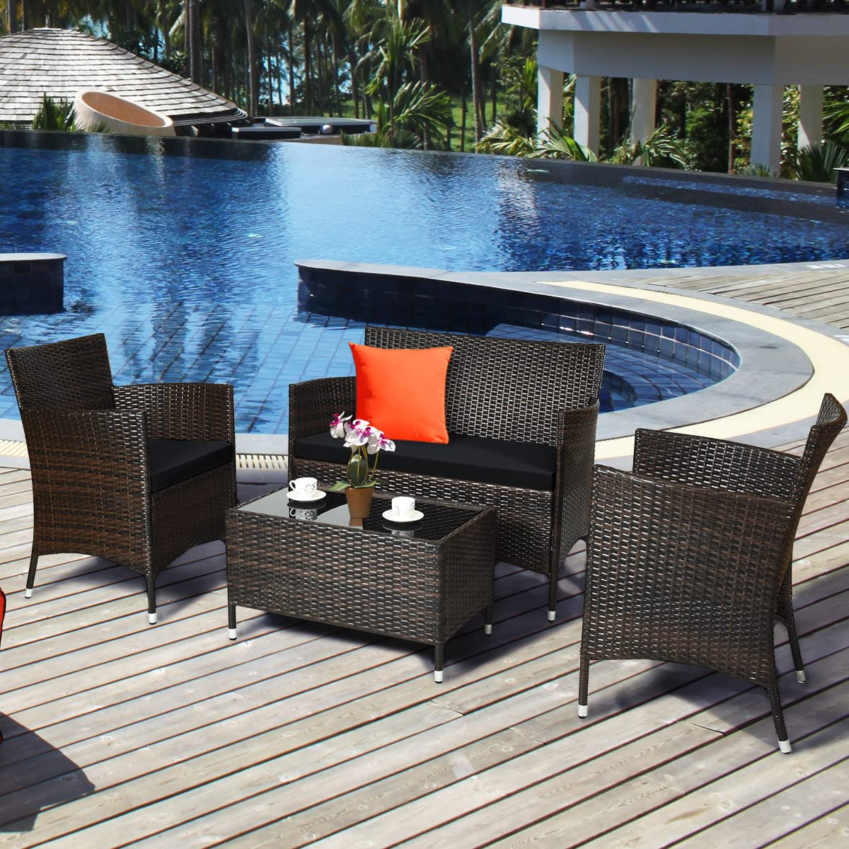 Tangkula 4-PCS or 8-PCS Patio Rattan Conversation Set, Outdoor Wicker Furniture Set with Tempered Glass Coffee Table &Thick Cushion
