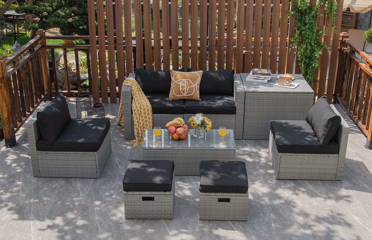 8-Piece Patio Wicker Furniture Set, Coffee Table, 2 Ottomans, 2 Armless Sofas & 2 Corner Sofas
