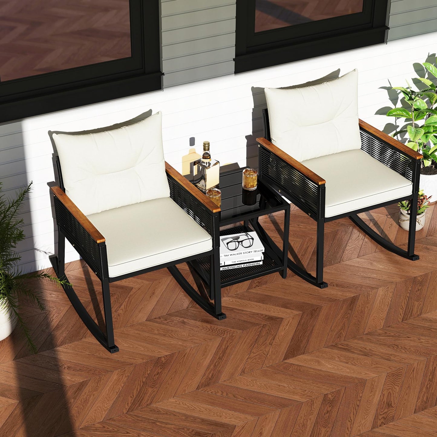 Tangkula 3 Piece Patio Rocking Bistro Set Outside Wicker Rockers