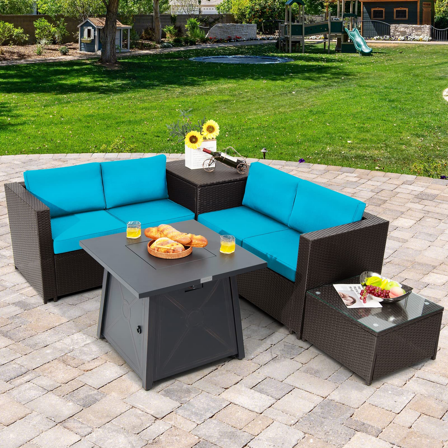 Tangkula 5 Piece Patio Furniture Set with 50,000 BTU Propane Fire Pit Table, Outdoor Wicker Conversation Set