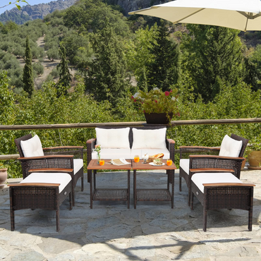 Ensemble de mobilier de patio en osier 7 pièces Tangkula, ensemble de conversation de patio en bois d'acacia Patiojoy (blanc cassé)