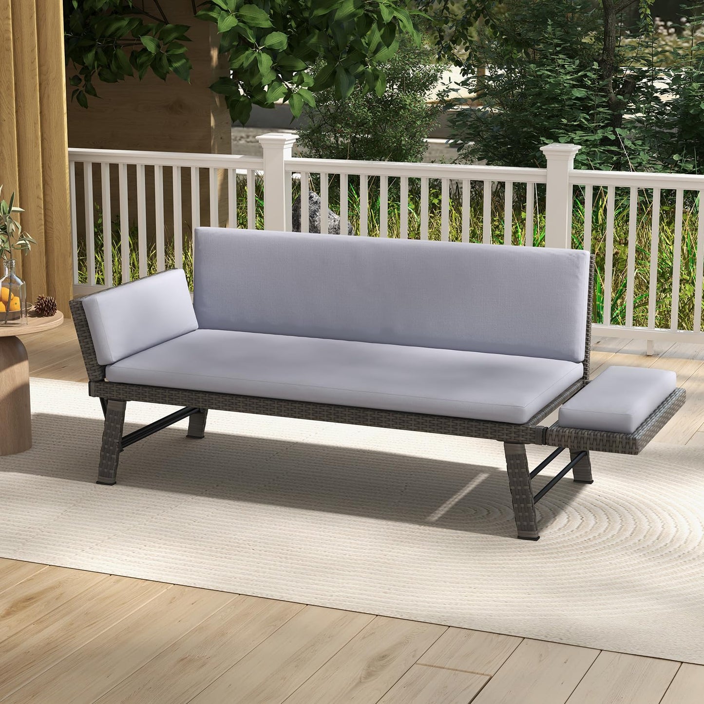 Tangkula Outdoor Convertible Sofa Daybed with Adjustable Armrests, PE Rattan Patio Couch Furniture with Thick Cushions