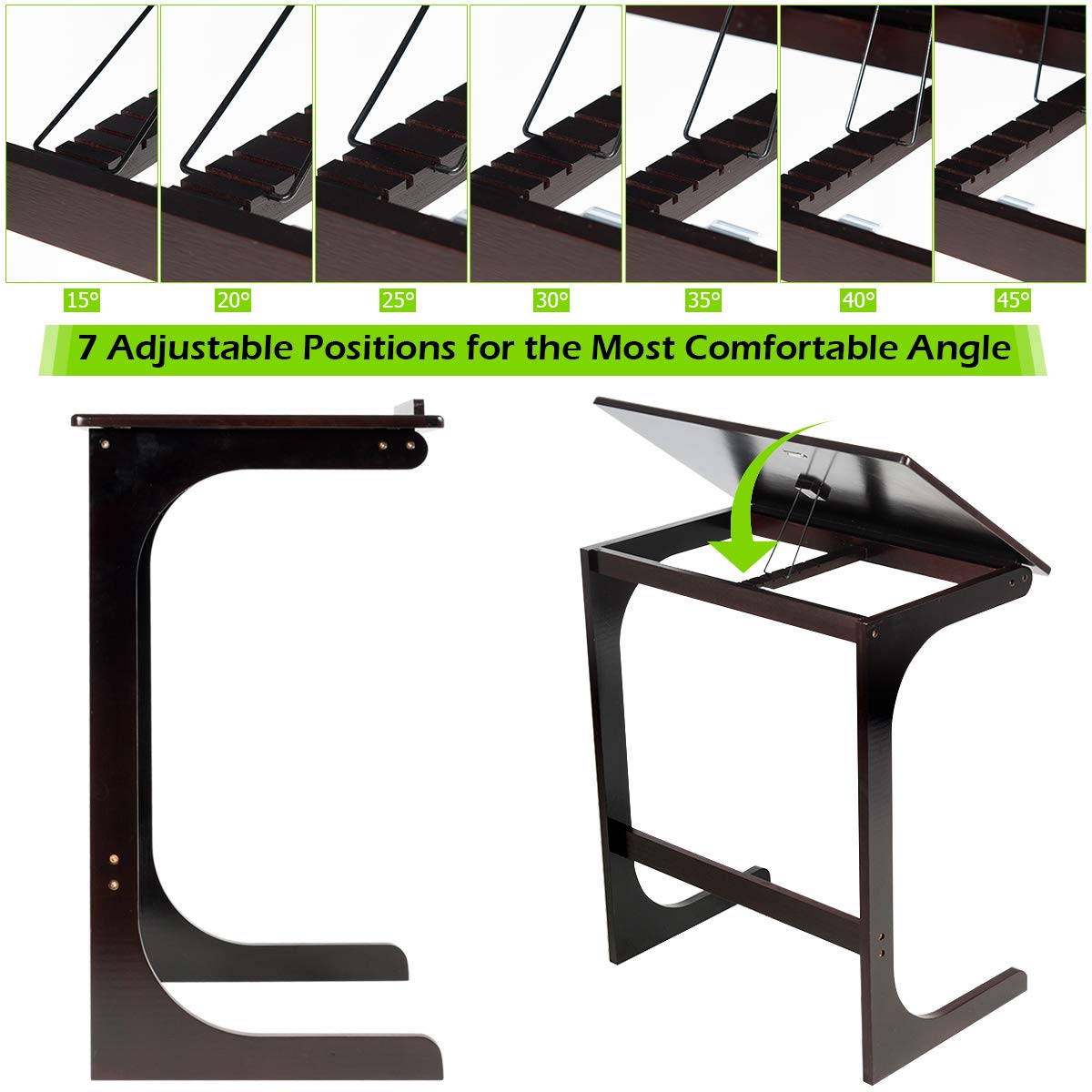 Bamboo TV Tray Sofa Side Table, 7 Angles Adjustable Couch Table