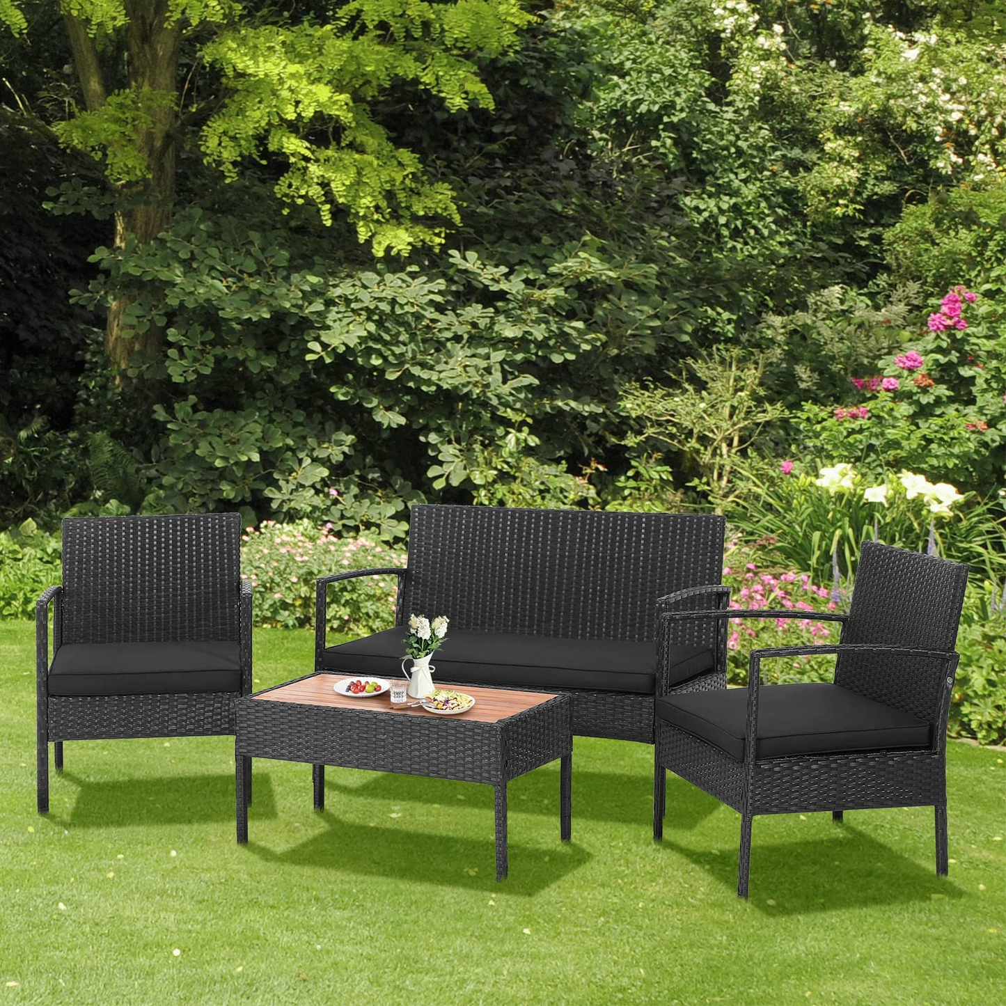 Tangkula 4 Piece Patio Rattan Conversation Set, Outdoor Wicker Sofa Furniture, Outside Sectional for Poolside, Deck, Garden