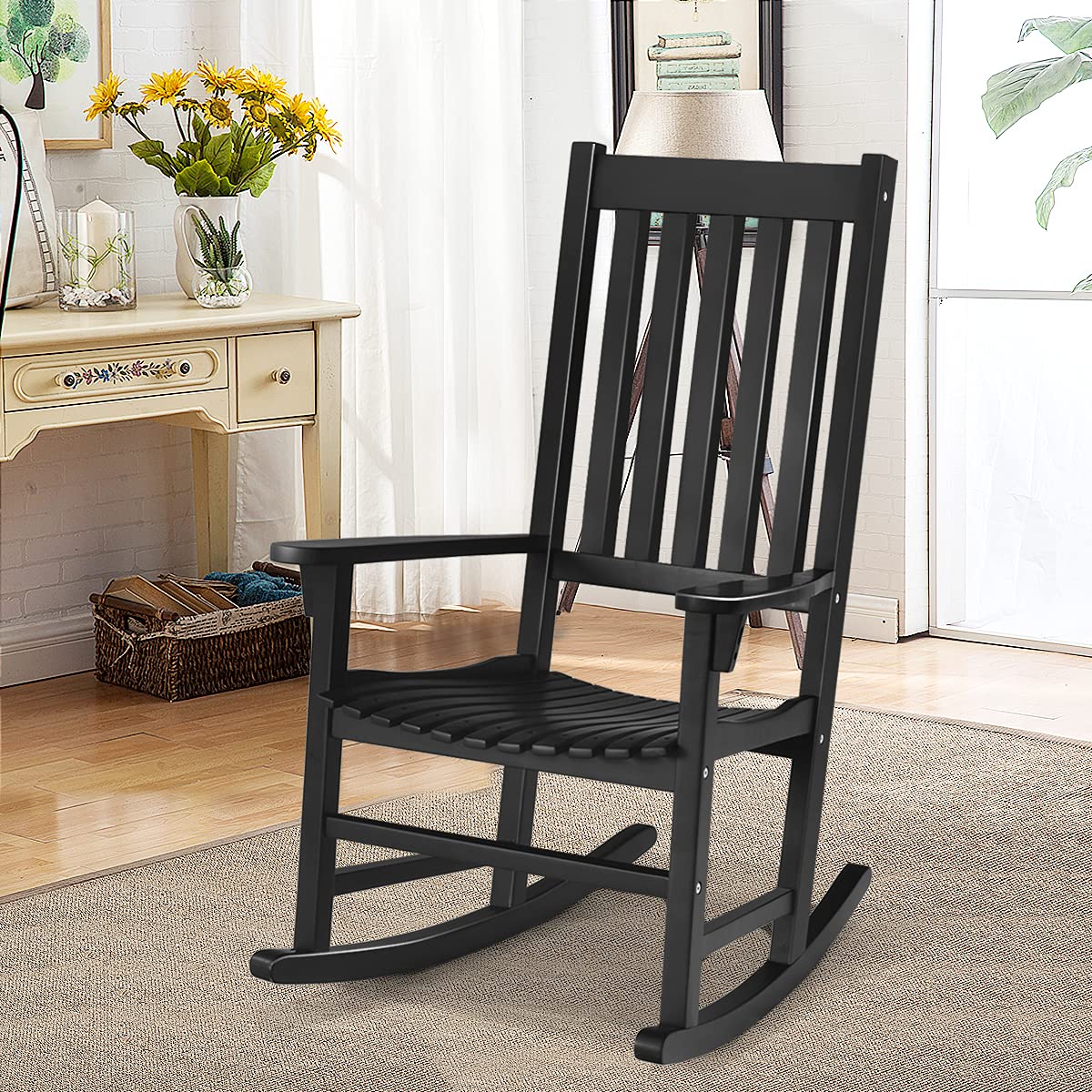 Acacia Wood Porch Rocking Chair, Wooden Rocking Chair Rocker with High Back & Armrest