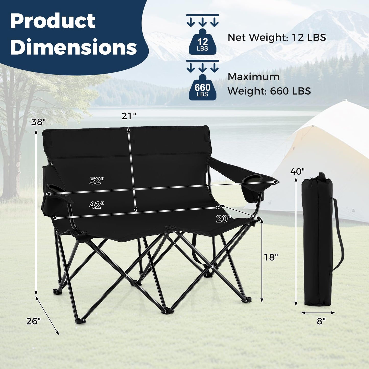 Tangkula 2 Person Camping Chair with Cup Holders
