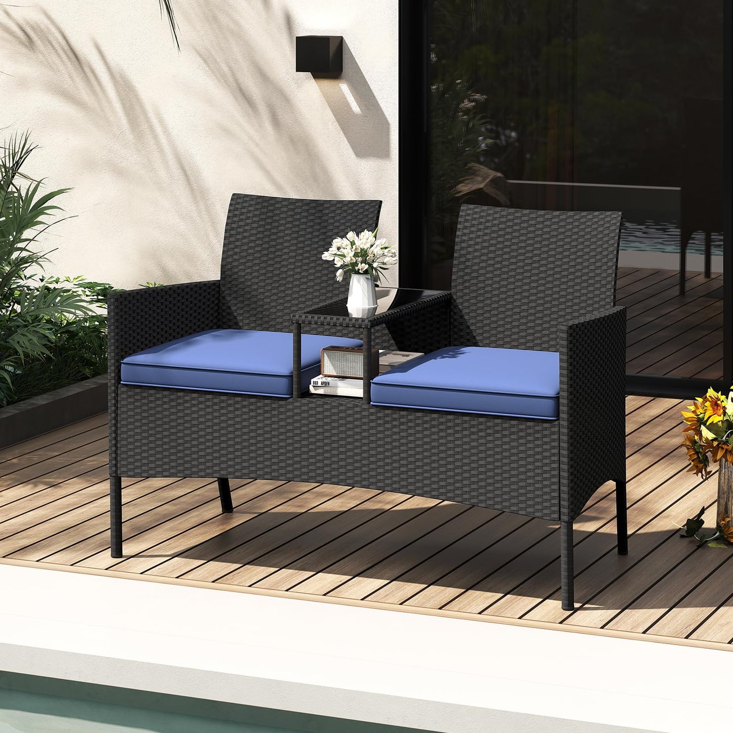 Tangkula Patio Loveseat with Built-in Table