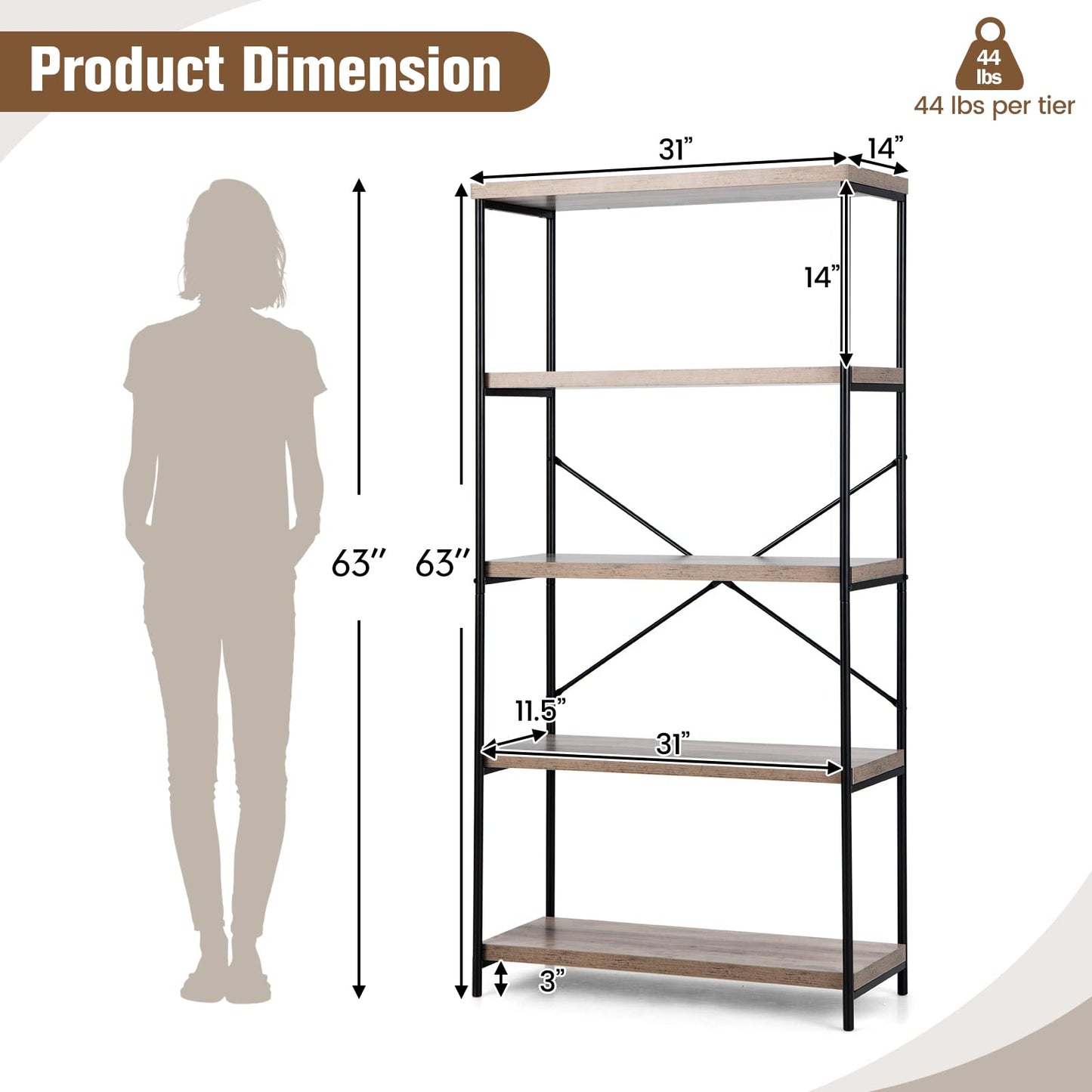Tangkula 5 Tier Bookcase for Living Room