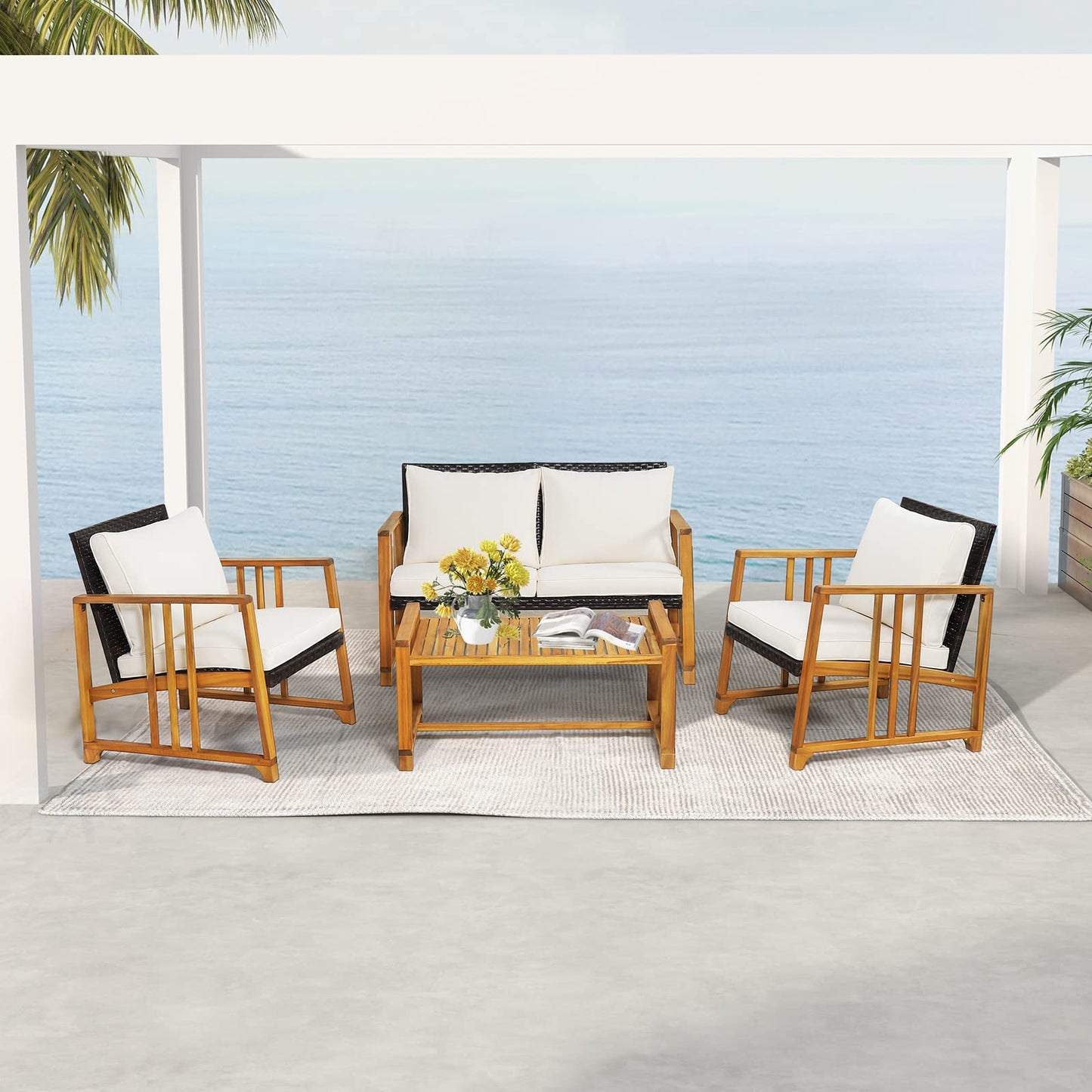 Tangkula 4 Pieces Patio Sofa Set, Outdoor Mix Brown Rattan Conversation Set with Acacia Wood Frame