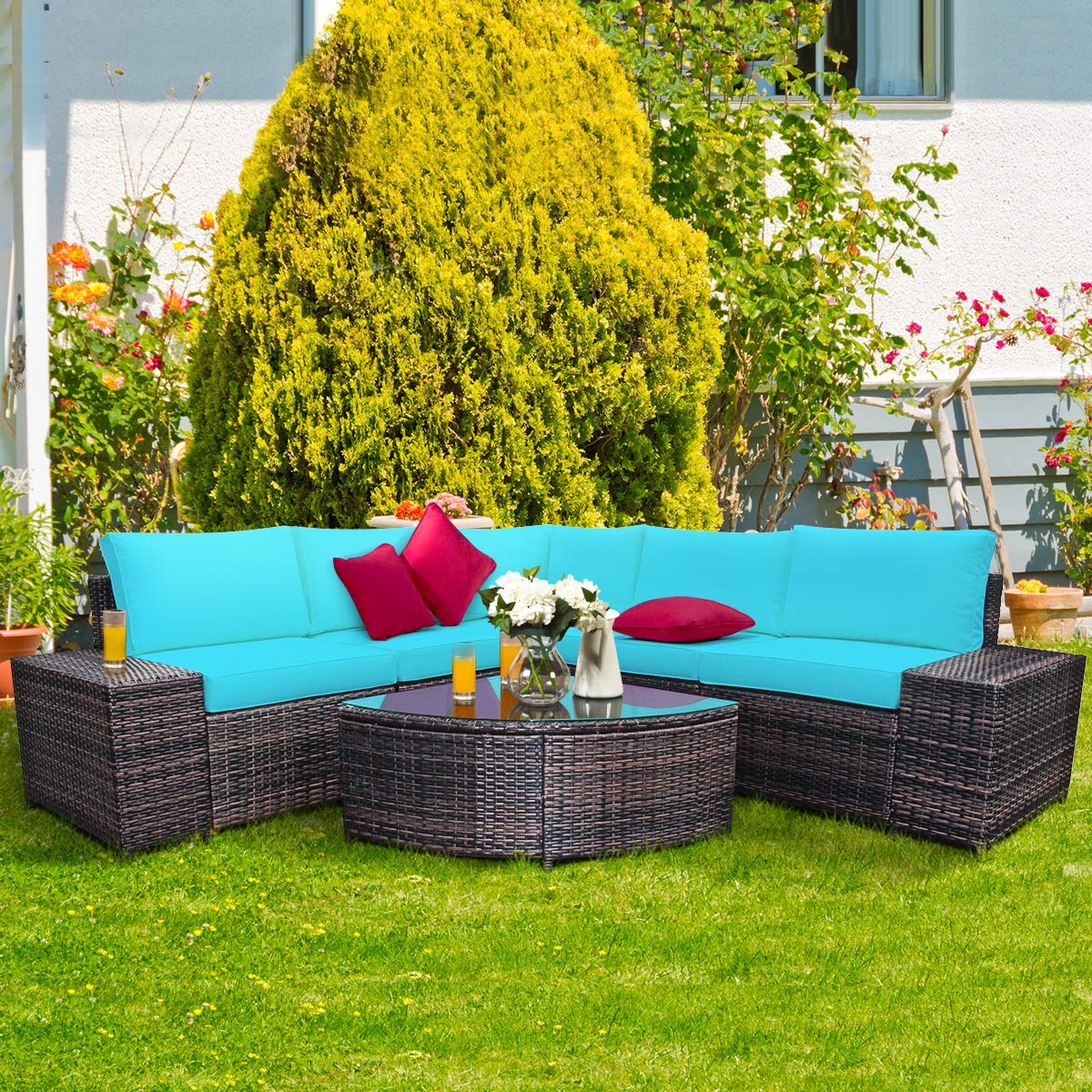 Tangkula 6 Piece Wicker Patio Furniture Set for Backyard