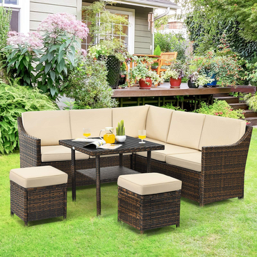 Ensemble de salle à manger d'extérieur Tangkula en osier, salon de jardin d'angle 6 pièces en rotin tressé avec table à manger, 2 poufs, convient pour le jardin