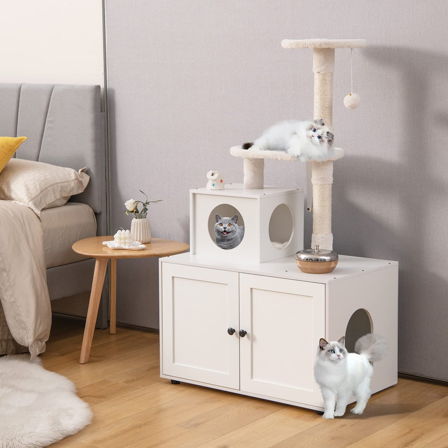 Tangkula Litter Box Enclosure with Cat Tree Tower, 2-in-1 Hidden Cat Washroom with Cat Condo