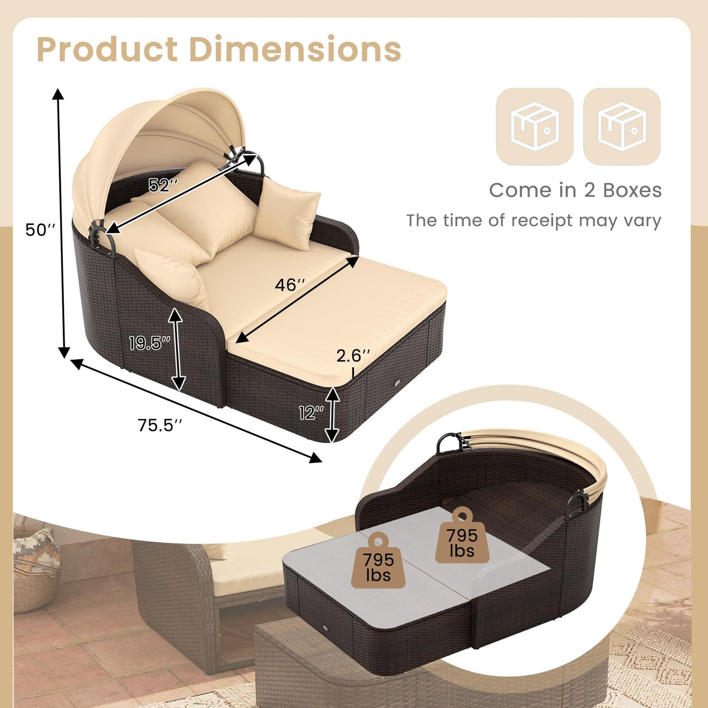 Tangkula Patio PE Rattan Daybed with Retractable Canopy