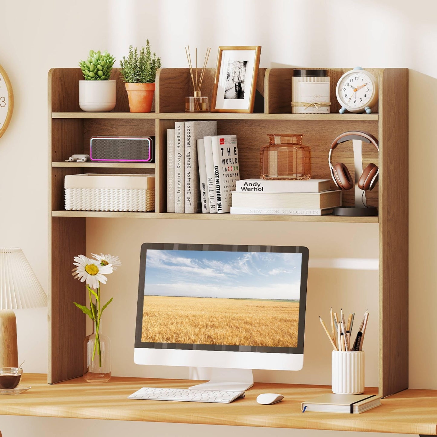 Tangkula Desktop Bookshelf Countertop Storage Hutch with 6 Storage Shelves