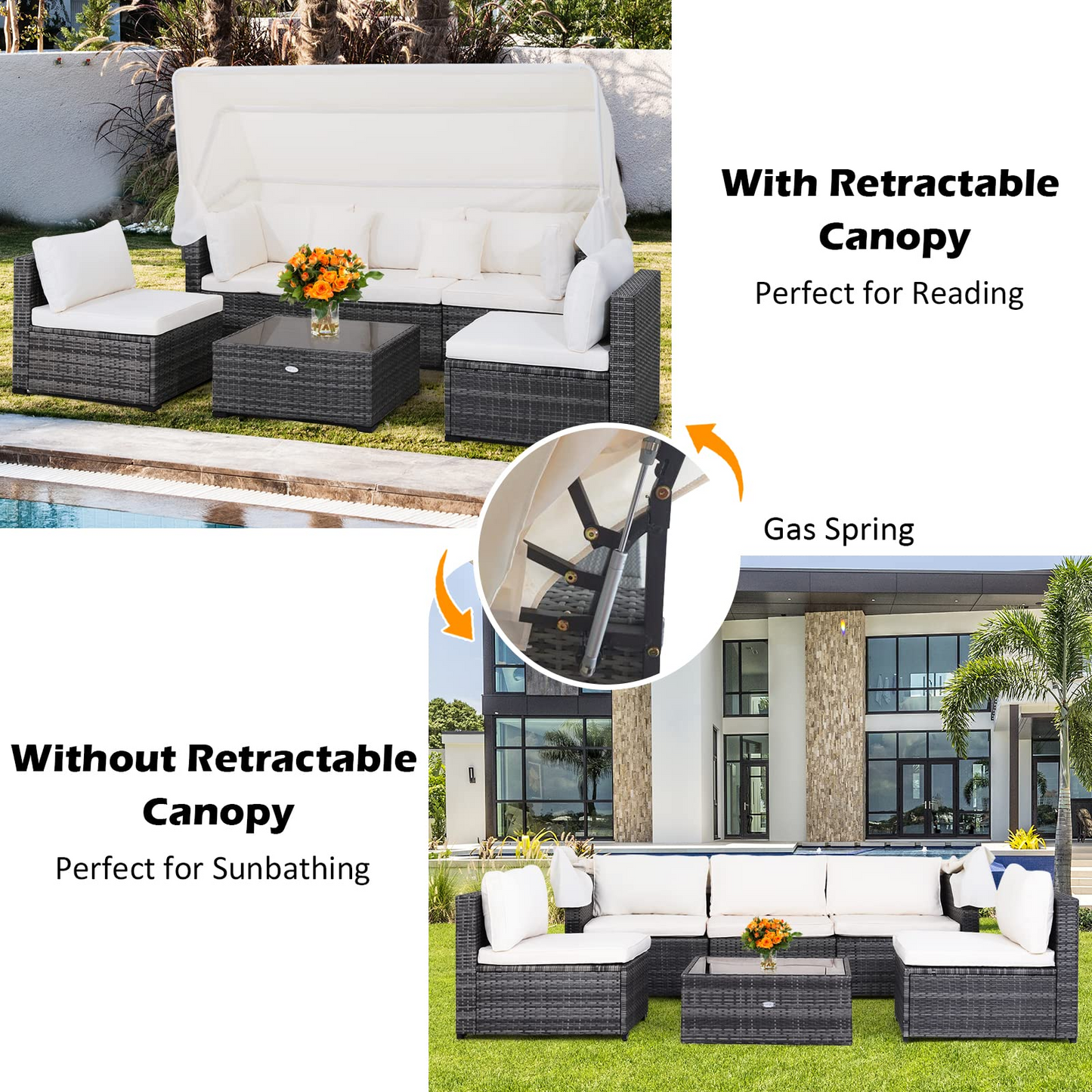 6-Piece Patio Furniture Set w/Retractable Canopy, Outdoor Conversation Set