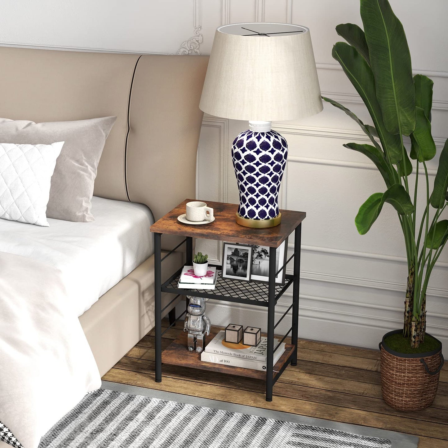 Tangkula Industrial End Table 3-Tier Side Table with Height Adjustable Metal Mesh Shelf