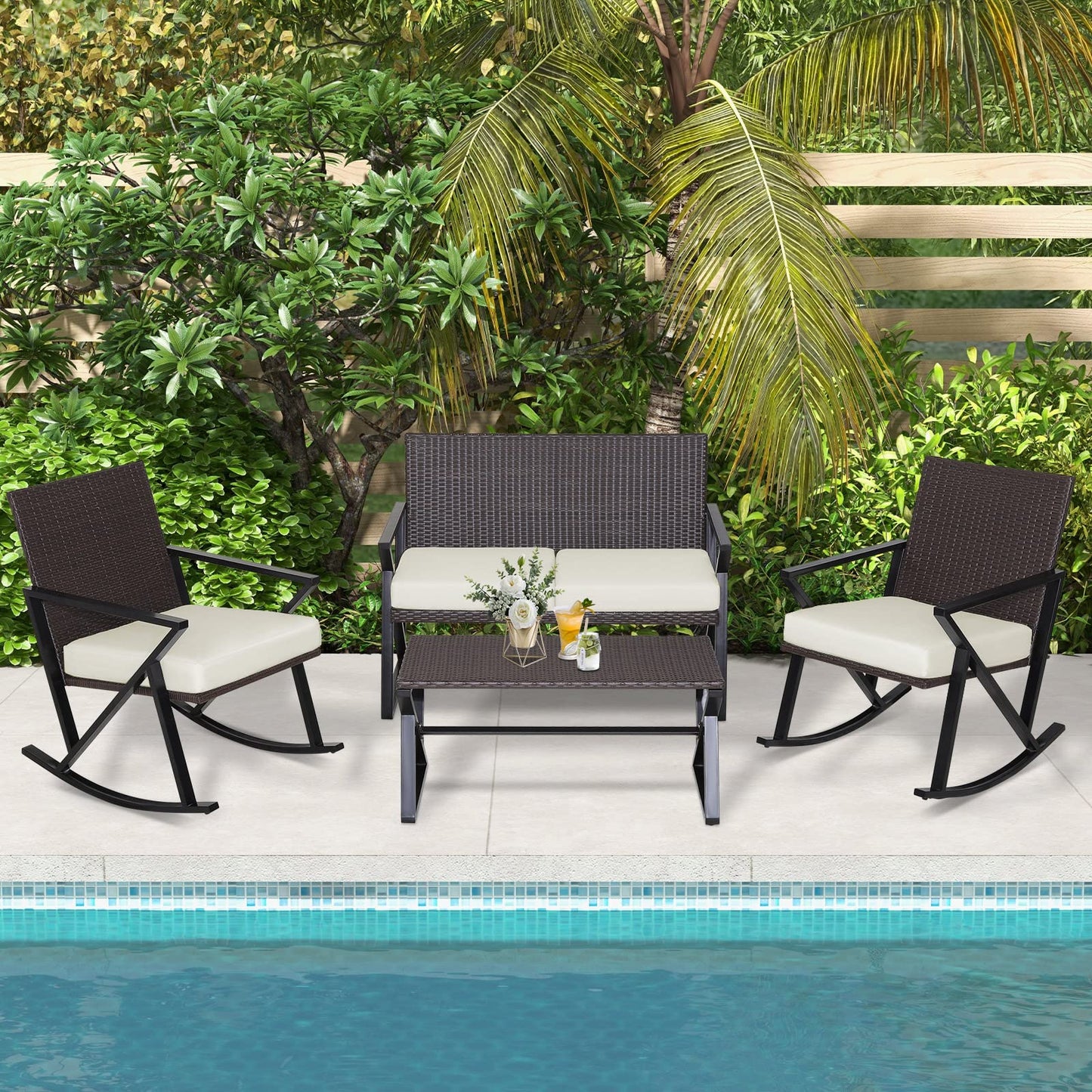 Tangkula 4 Piece Patio Rocking Furniture Set Patiojoy PE Wicker Loveseat