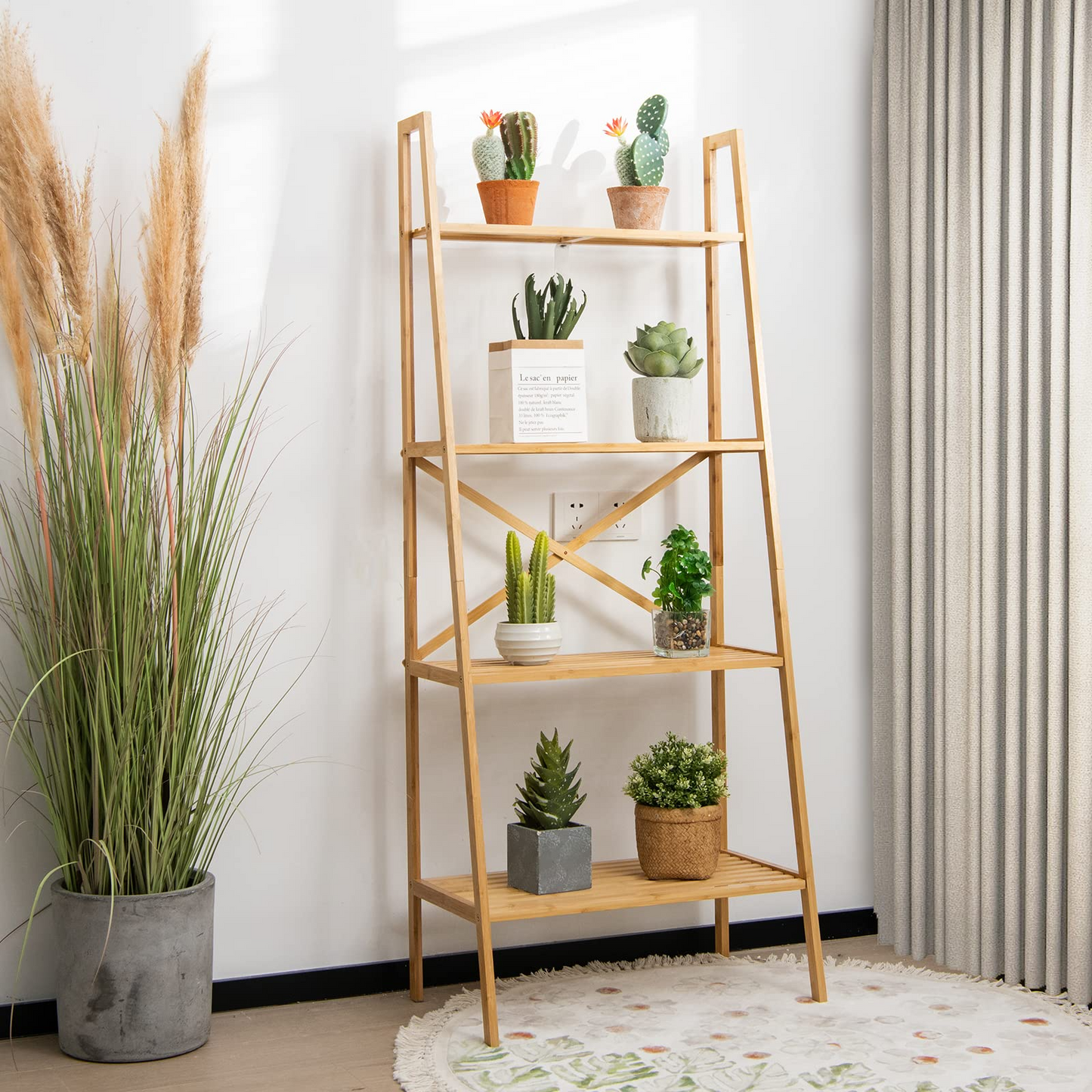 Tangkula 4 Tier Bamboo Ladder Bookshelf, Freestanding Plant Display Stand