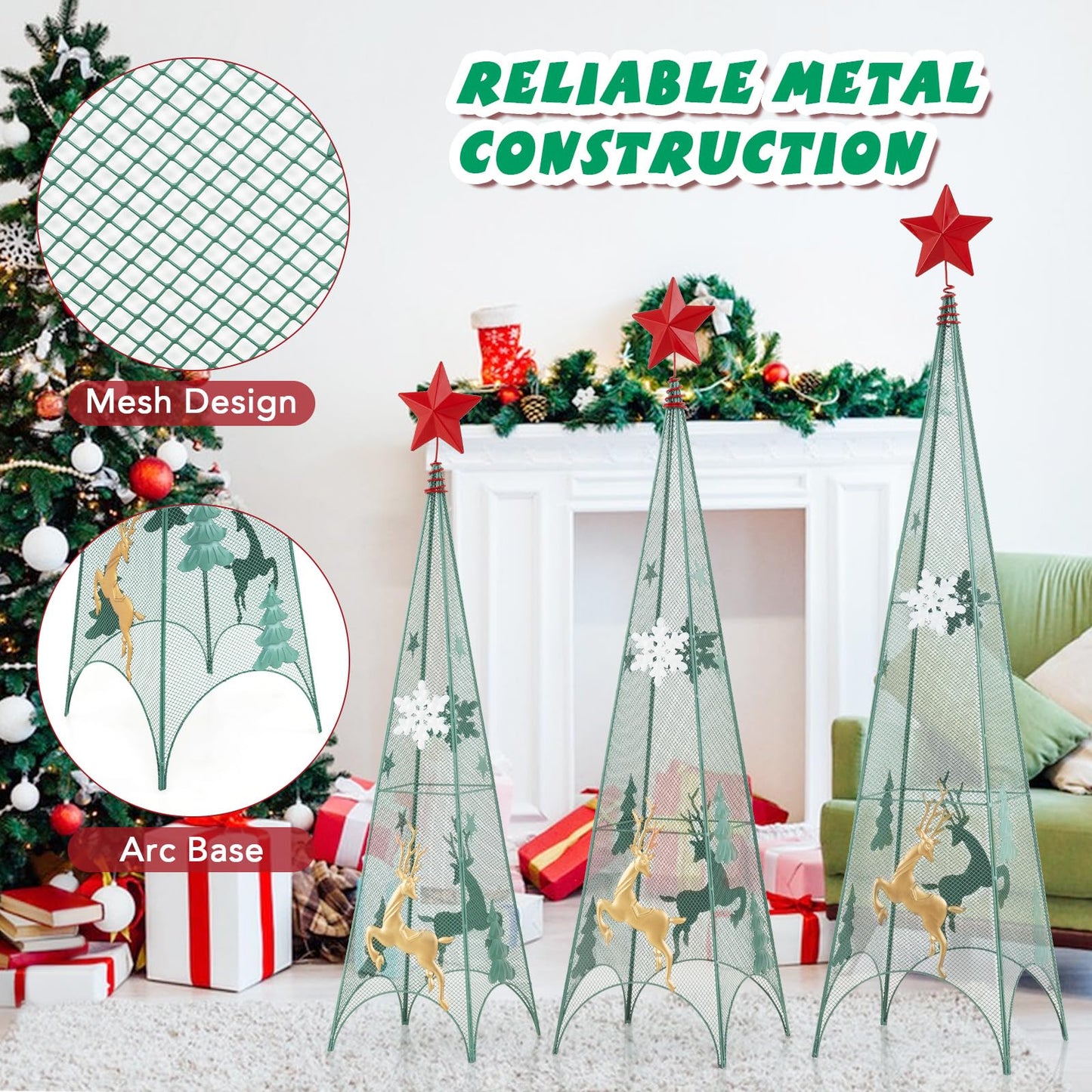 Tangkula 3 Sizes Tower Shaped Christmas Tree Decorations, Metal Xmas Decorative Trees with Reindeers