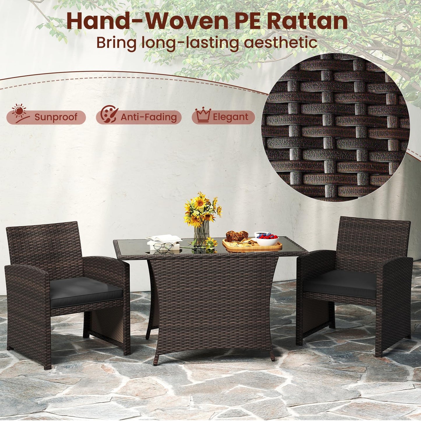 Tangkula 3 Piece Patio Wicker Dining Set