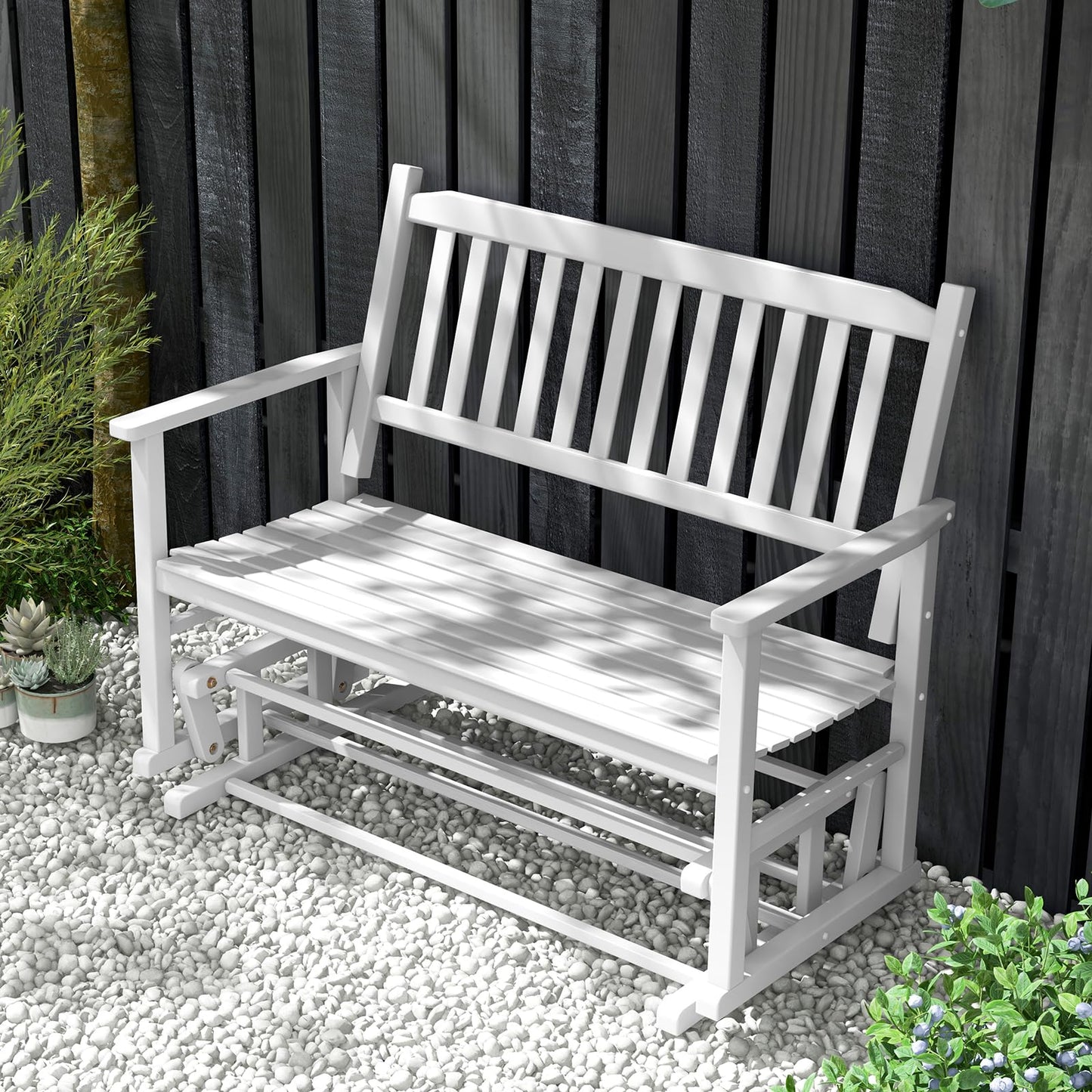 Tangkula 2 Person Outdoor Glider Chair, Poplar Wood Patio Swing Glider Loveseat Chair with Armrests
