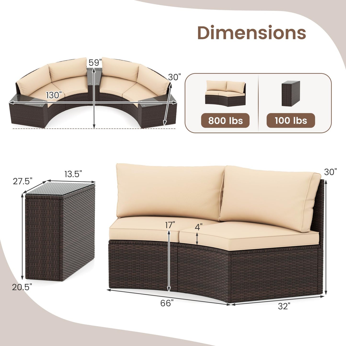 Tangkula 5 Pieces Patio Furniture Set PE Rattan Half-Moon Curved Sectional Sofas