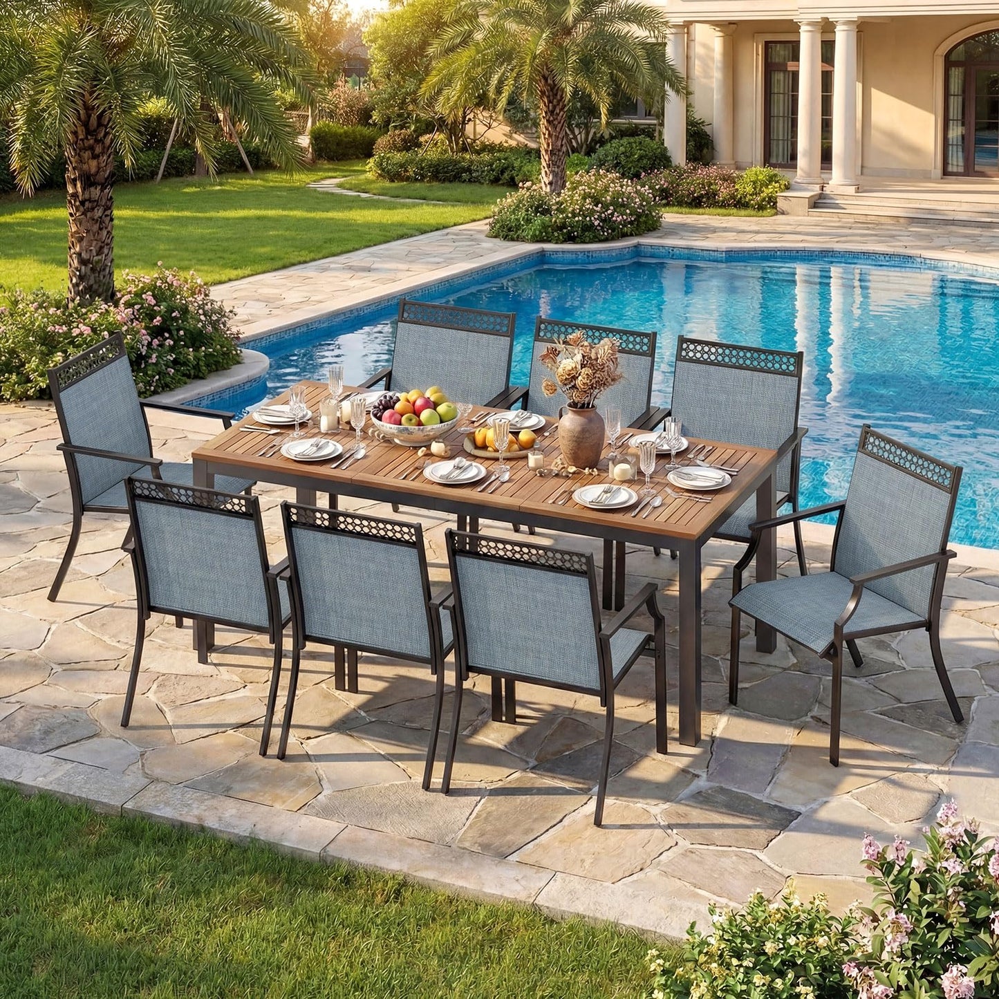 Tangkula 9 Pieces Patio Dining Set for 8 Quick-Drying Fabric Acacia Wood & Metal Frame