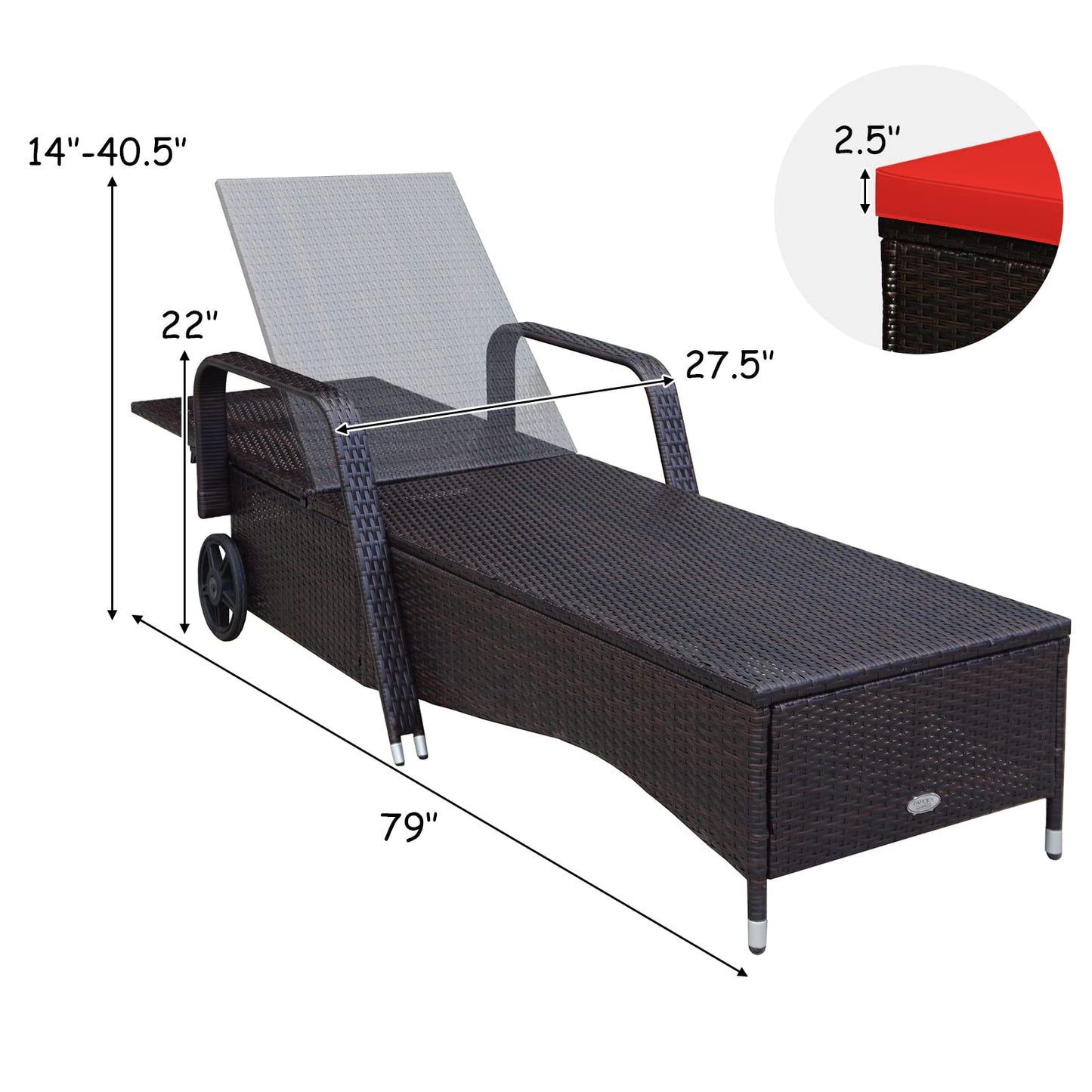 Tangkula Patio Chaise with Wheels, 6 Positions Adjustable Outdoor Lounger Chair with Steel Frame