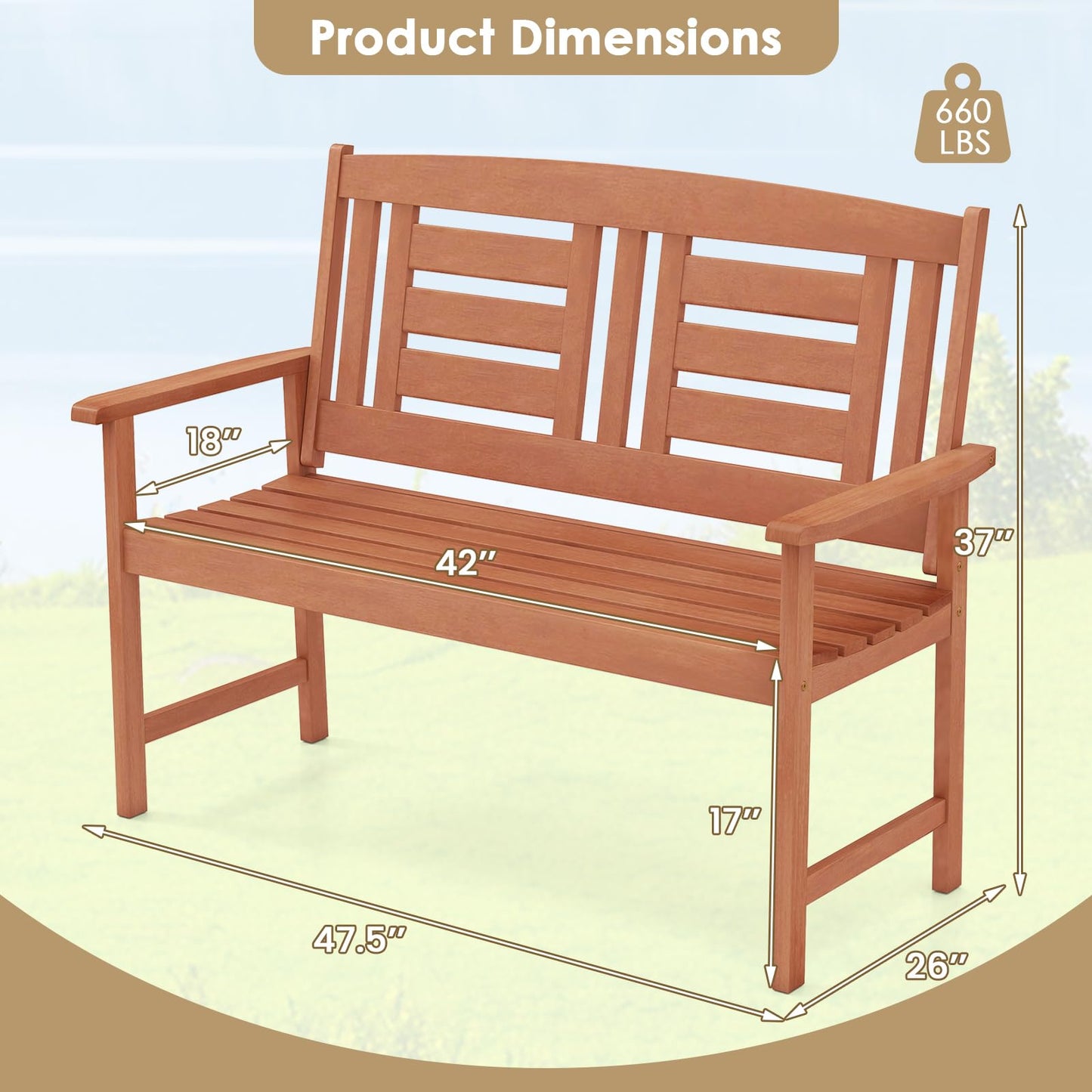 Tangkula Patio Wood Bench Garden Armrest Loveseat with Inclined Backrest