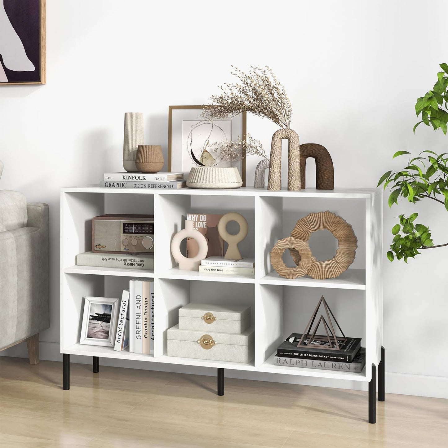 Bibliothèque Tangkula à 6 cubes, étagère ouverte en bois à 2 niveaux avec pieds métalliques surélevés, étagère réglable sur 5 positions
