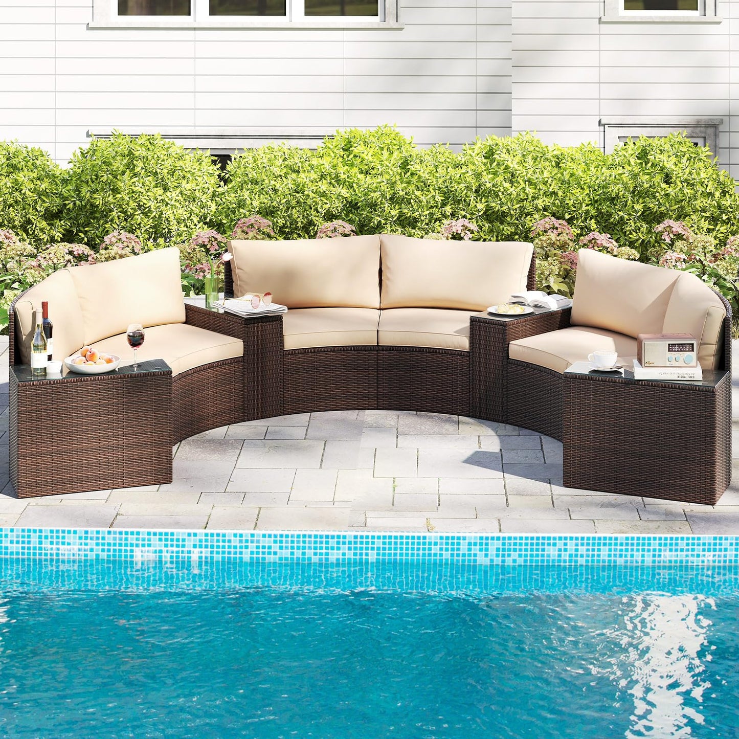 Tangkula 5 Pieces Patio Furniture Set Rattan Half-Moon Curved Sectional Cushioned Sofas