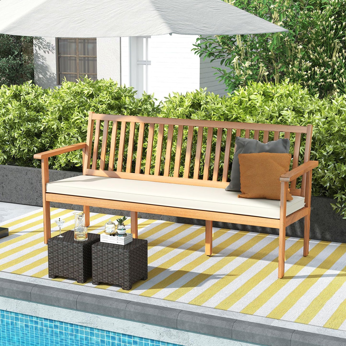 Tangkula Outdoor 3-Seat Wood Bench, 64 Inches Extra Long Acacia Chair w/Seat Cushion