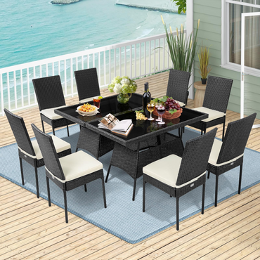 Tangkula Ensemble de salle à manger de jardin en osier 10 pièces, table et chaises en rotin d'extérieur avec coussins rembourrés