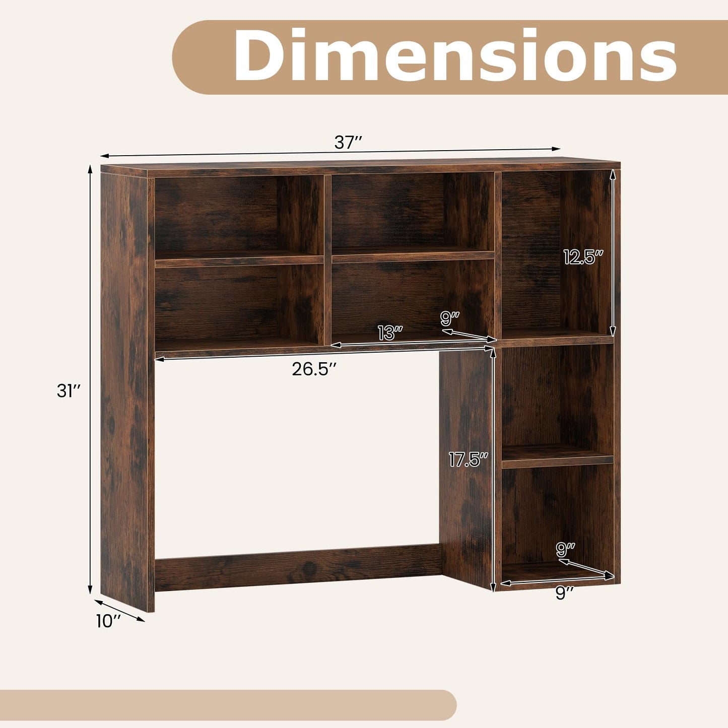 Tangkula Desktop Bookshelf 37" Countertop Storage Hutch with 7 Cubes & 3 Adjustable Shelves