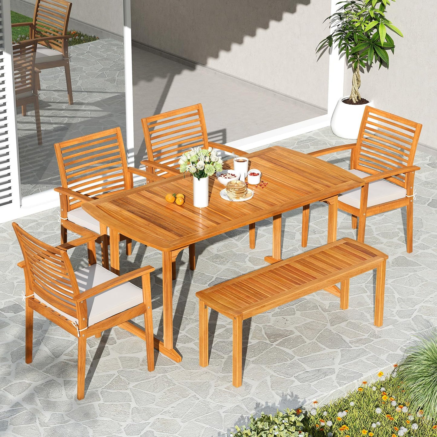 Tangkula 6 Pieces Outdoor Acacia Wood Dining Set for Backyard Garden Poolside Deck