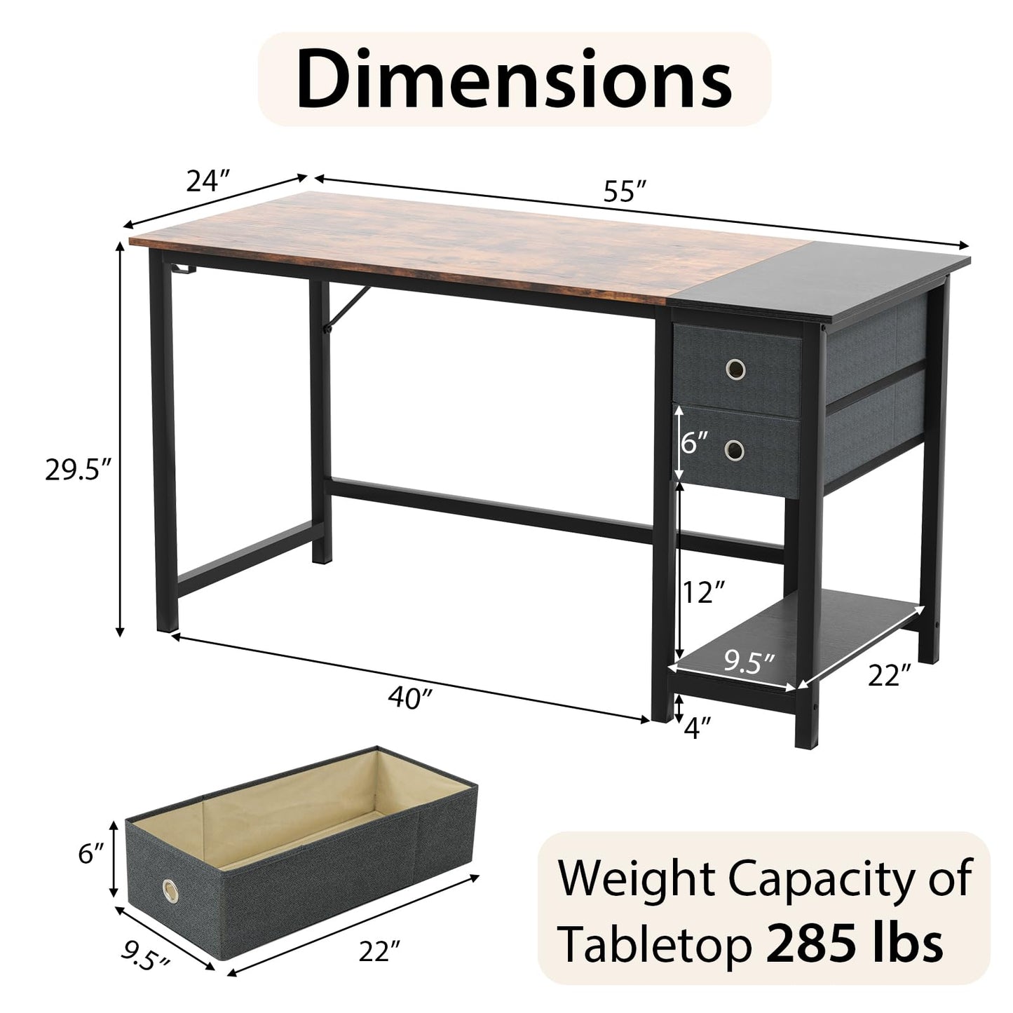 Tangkula Bureau informatique avec 2 tiroirs, bureau moderne pour la maison et le bureau avec crochet de suspension et étagère de rangement.