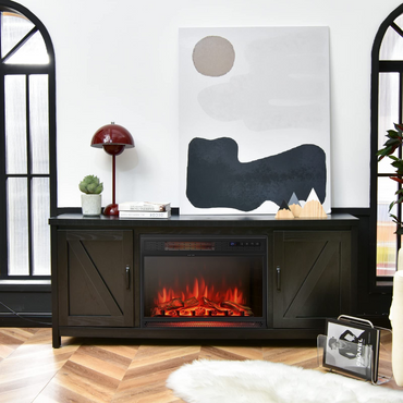 Fireplace TV Stand for TVs Up to 65 Inch, Fireplace Media Console Table with Barn Doors, Electric Heater with Adjustable Brightness & Remote