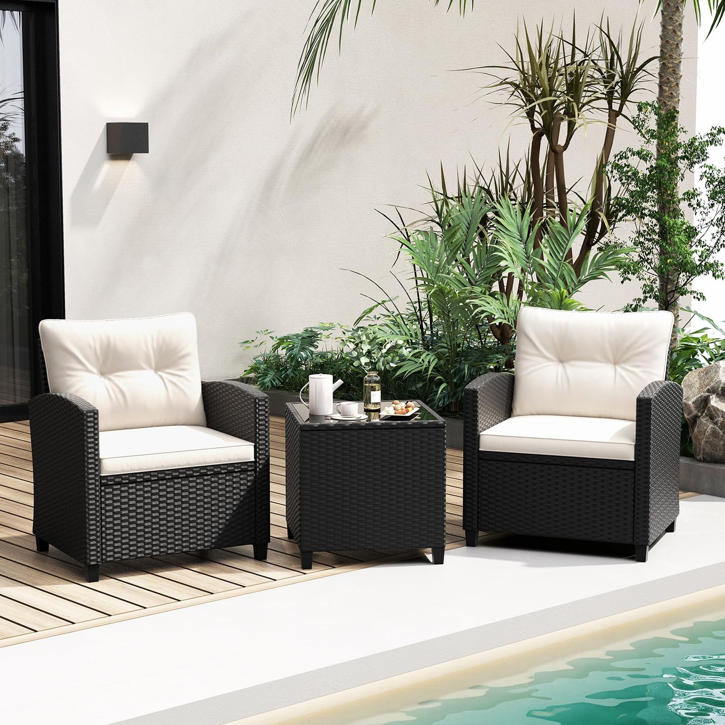 Tangkula 3 Piece Patio Furniture Set, Rattan Conversation Set w/Soft Seat & Back Cushions