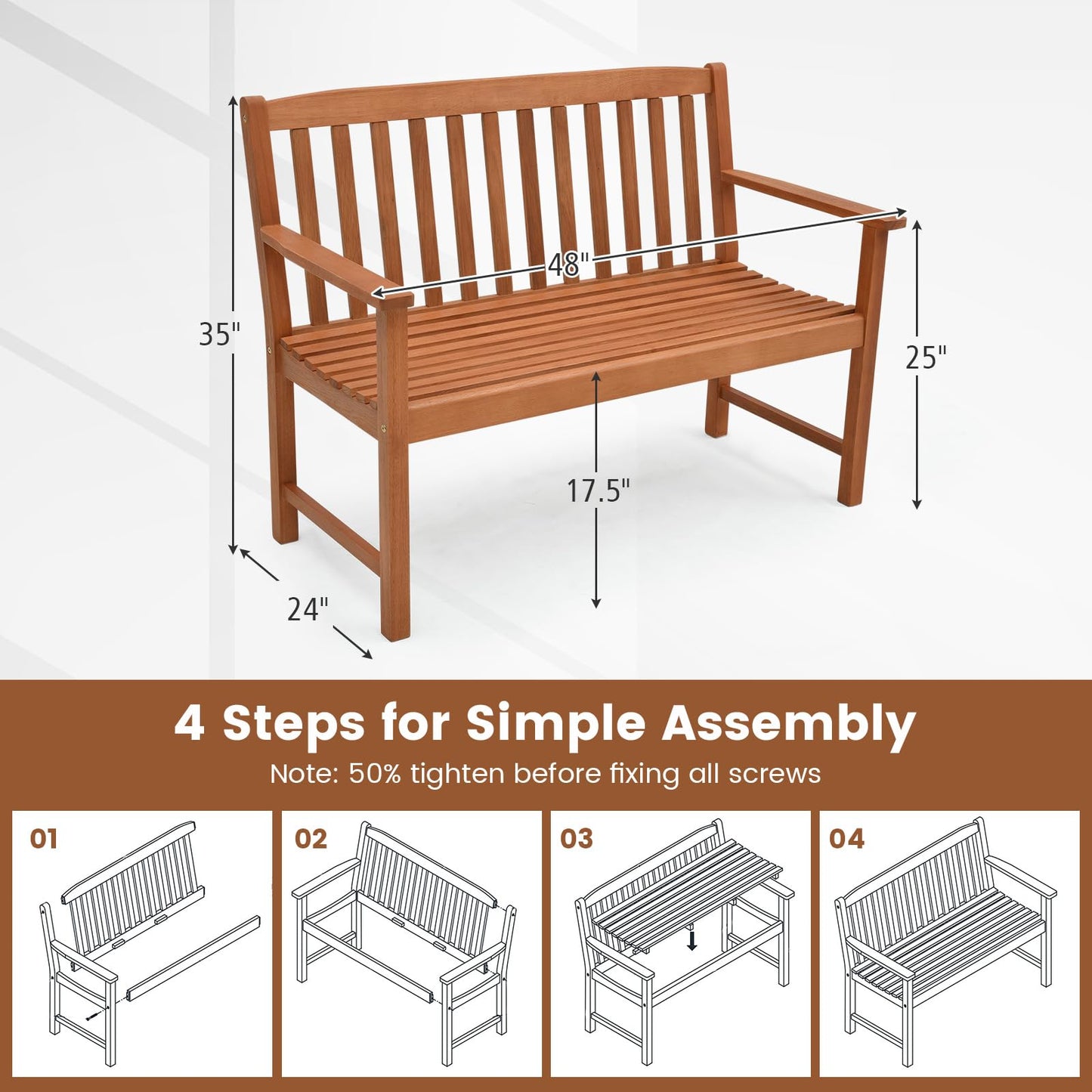 Tangkula Outdoor Garden Bench 2-Person Eucalyptus Wood Bench