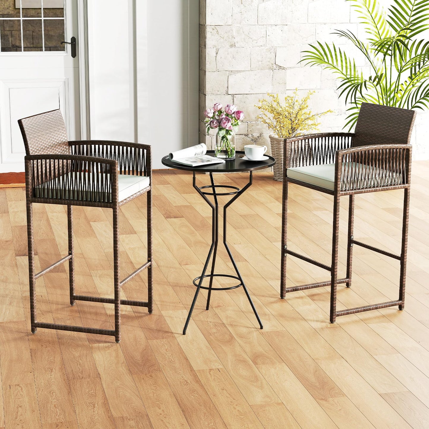 Tangkula Patio Bar Stools Set of 2/4 PE Rattan Bar Height Chairs
